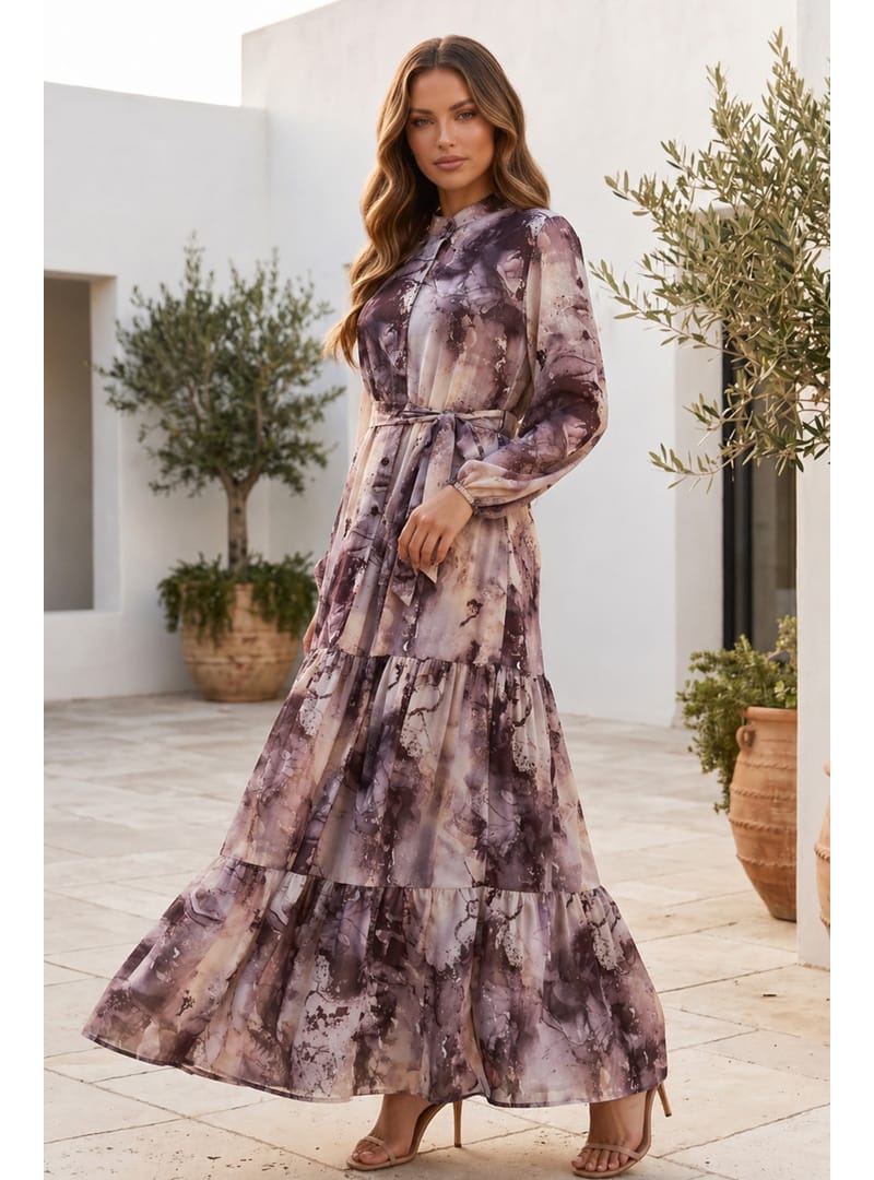 Desenli Tesettür Jessica Elbise B597 Vizon - Resim 3