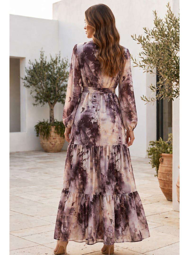 Desenli Tesettür Jessica Elbise B597 Vizon - Resim 4