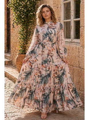 Desenli Tesettür Jessica Elbise B601 Vizon