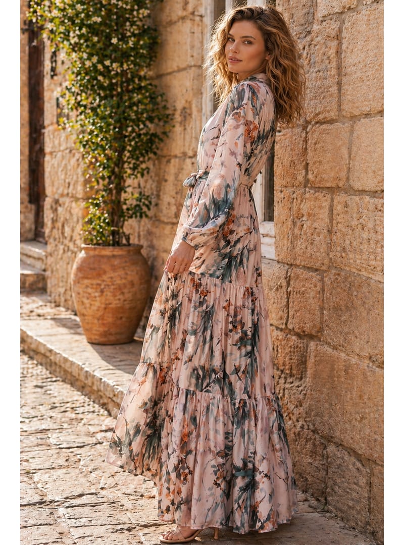 Desenli Tesettür Jessica Elbise B601 Vizon - Resim 2