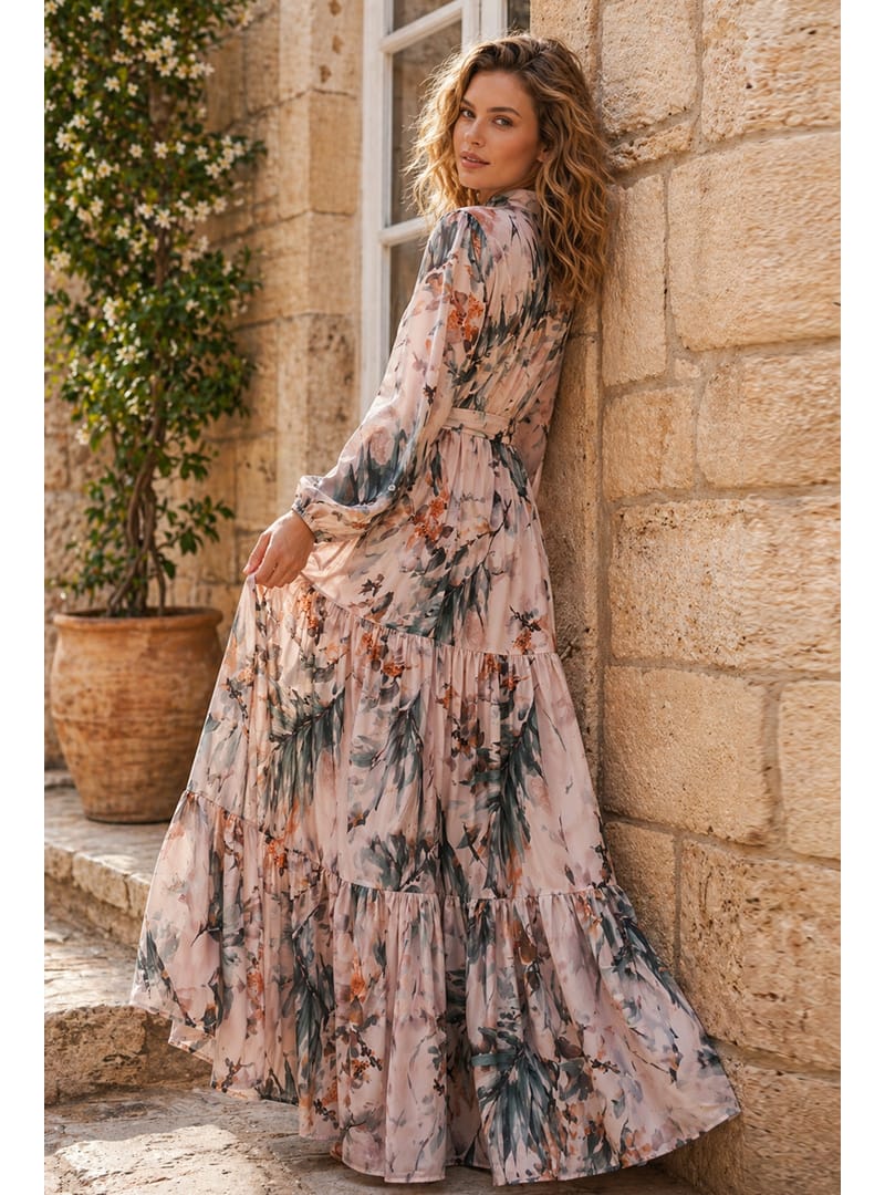 Desenli Tesettür Jessica Elbise B601 Vizon - Resim 3