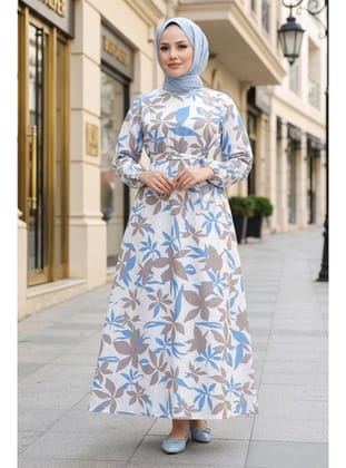 Zerya Desenli Elbise 1718 - Mavi