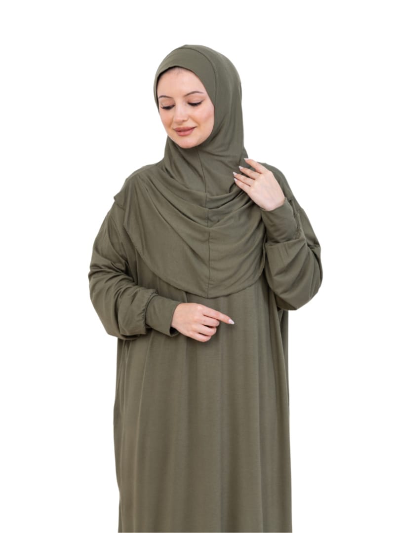 Penye Tek Parça Namaz Elbisesi Haki - Resim 3