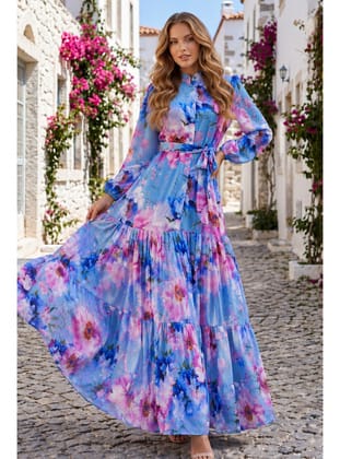 Desenli Tesettür Jessica Elbise B605 Mavi