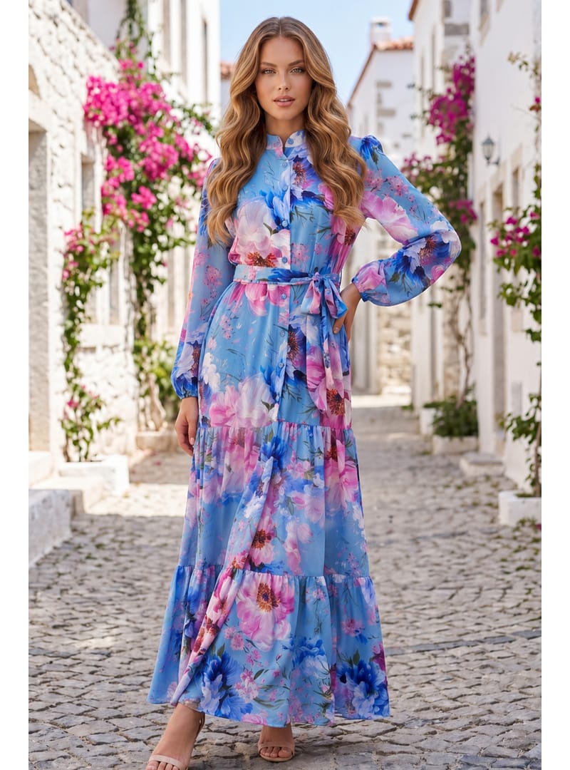 Desenli Tesettür Jessica Elbise B605 Mavi - Resim 2