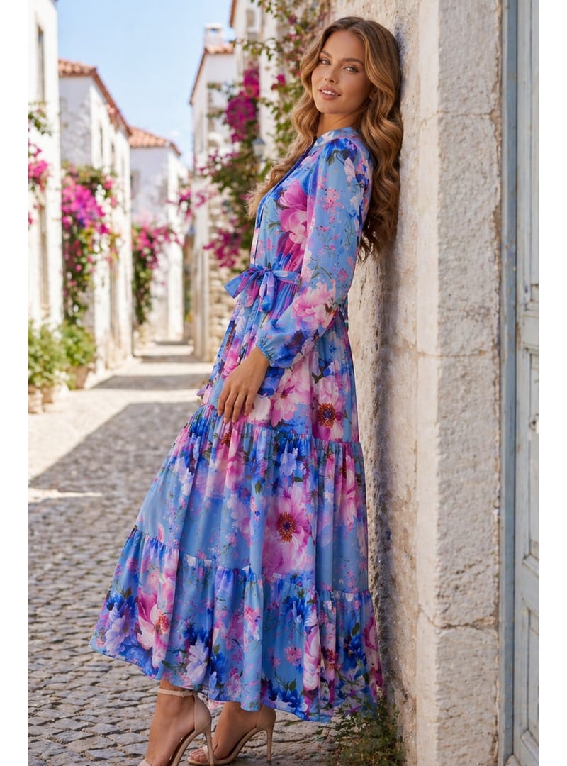 Desenli Tesettür Jessica Elbise B605 Mavi - Resim 3