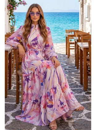 Desenli Tesettür Jessica Elbise B603 Lila