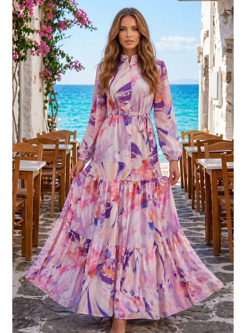 Desenli Tesettür Jessica Elbise B603 Lila - Resim 2