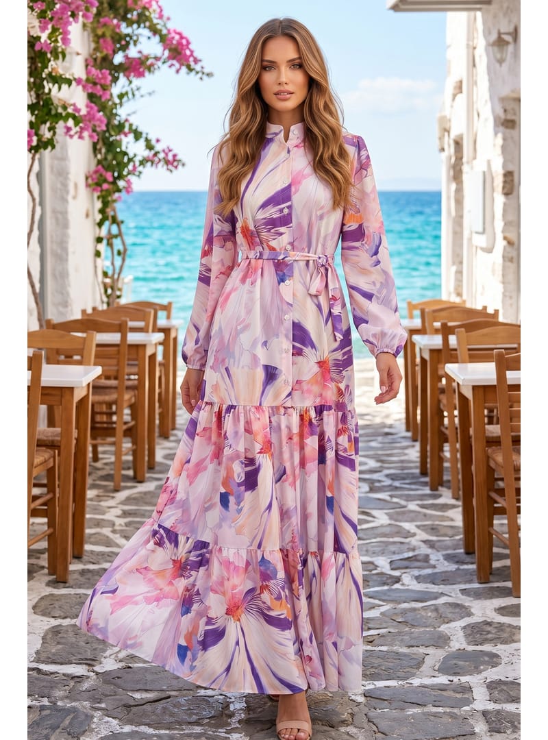 Desenli Tesettür Jessica Elbise B603 Lila - Resim 3