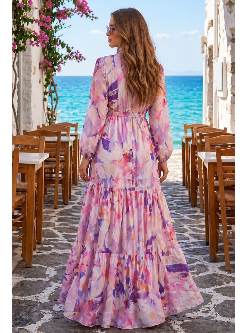 Desenli Tesettür Jessica Elbise B603 Lila - Resim 4