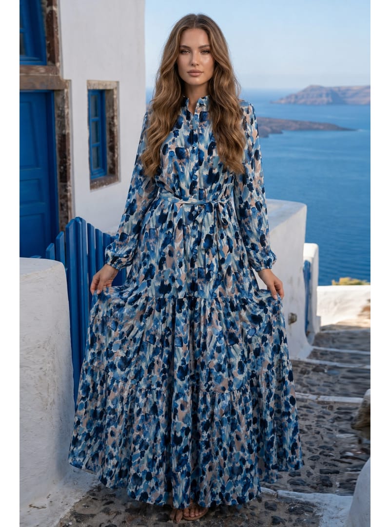 Desenli Tesettür Jessica Elbise B603 Lacivert - Resim 2