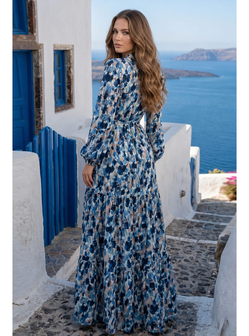 Desenli Tesettür Jessica Elbise B603 Lacivert - Resim 3