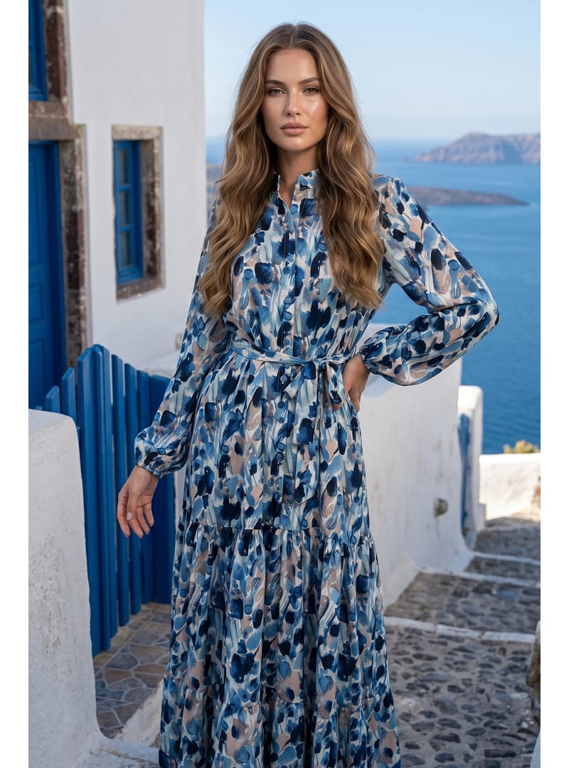 Desenli Tesettür Jessica Elbise B603 Lacivert - Resim 4