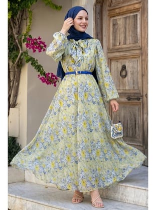 Soft Desen Yakası Kuşaklı Yeşil Şifon Elbise