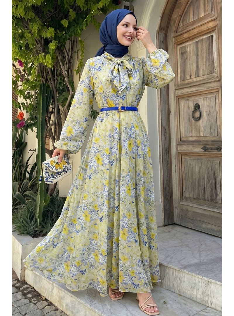 Soft Desen Yakası Kuşaklı Yeşil Şifon Elbise - Resim 3