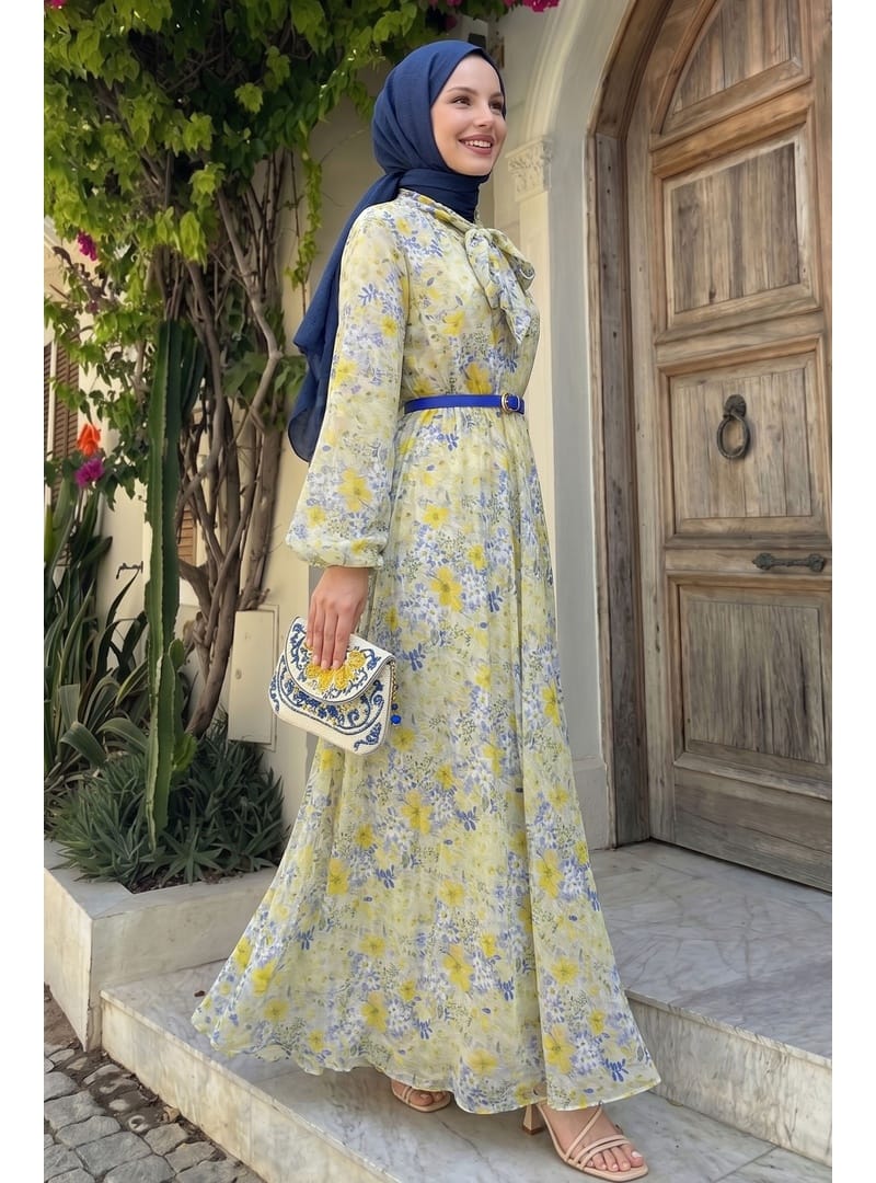 Soft Desen Yakası Kuşaklı Yeşil Şifon Elbise - Resim 4