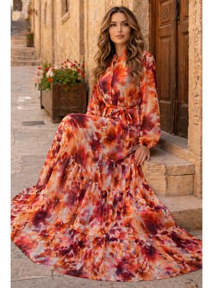 Desenli Tesettür Jessica Elbise B604 Oranj