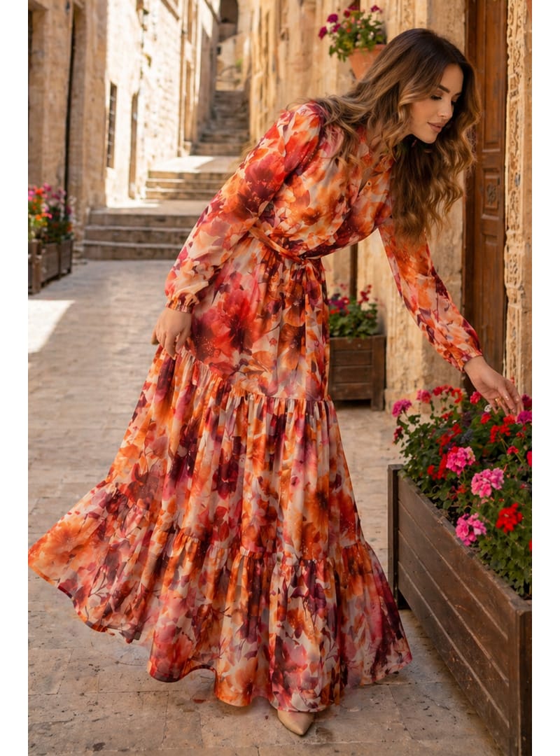 Desenli Tesettür Jessica Elbise B604 Oranj - Resim 2