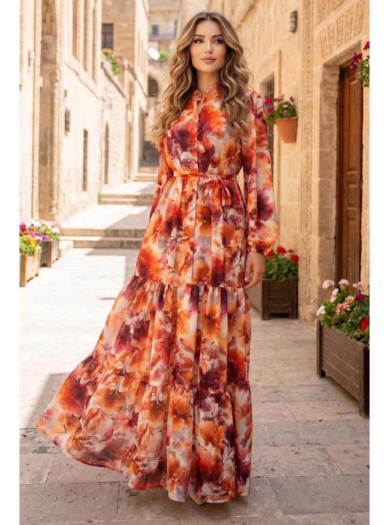 Desenli Tesettür Jessica Elbise B604 Oranj - Resim 3