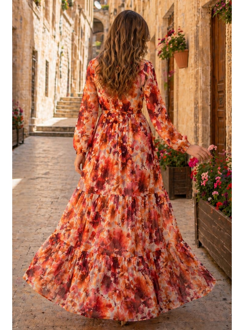 Desenli Tesettür Jessica Elbise B604 Oranj - Resim 4