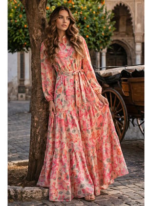 Desenli Tesettür  Jessica Elbise B604 Pembe