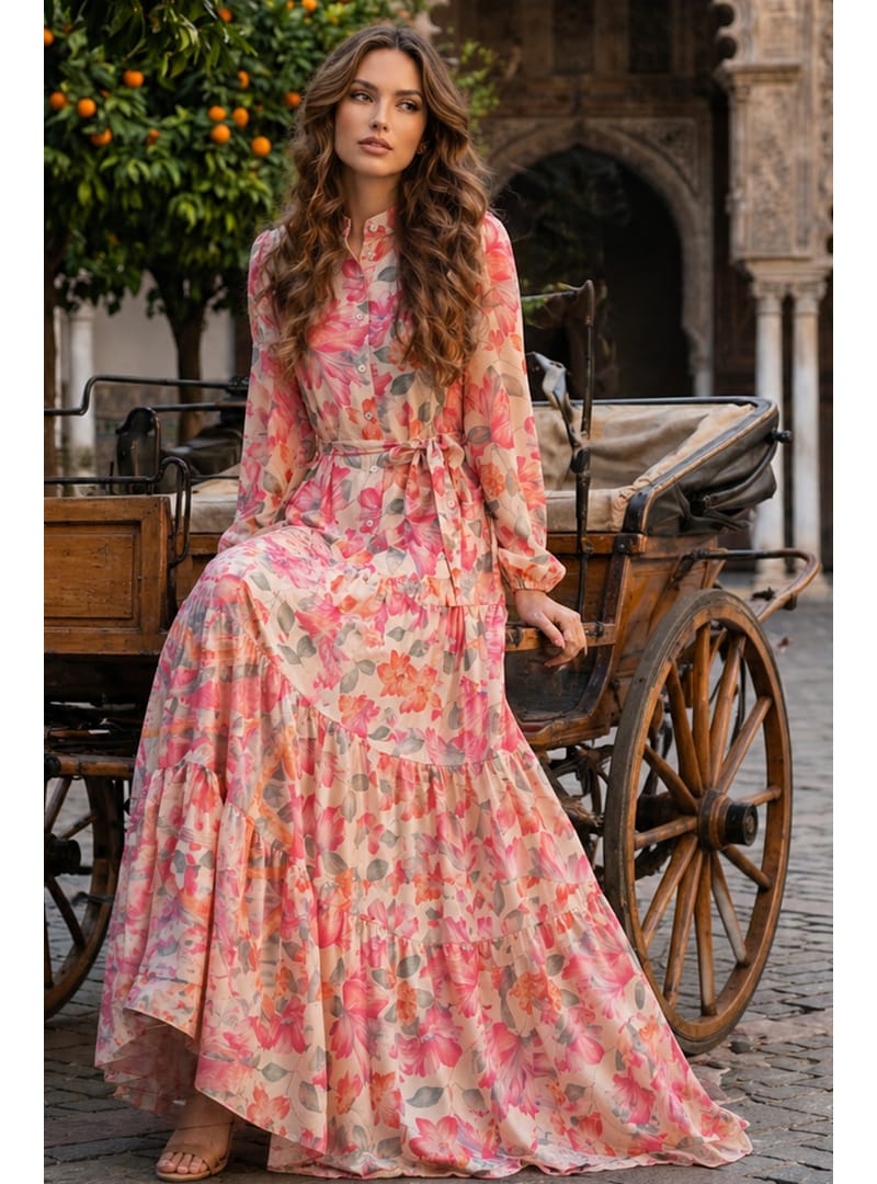 Desenli Tesettür  Jessica Elbise B604 Pembe - Resim 2