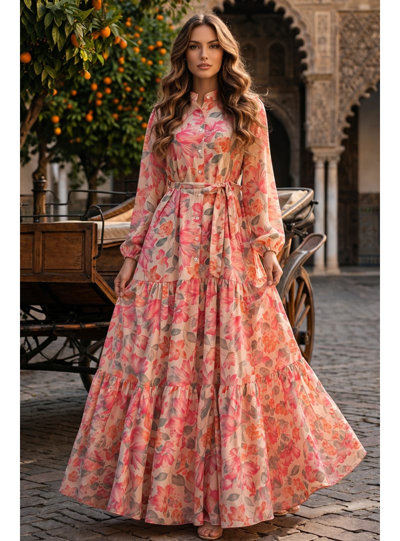 Desenli Tesettür  Jessica Elbise B604 Pembe - Resim 3