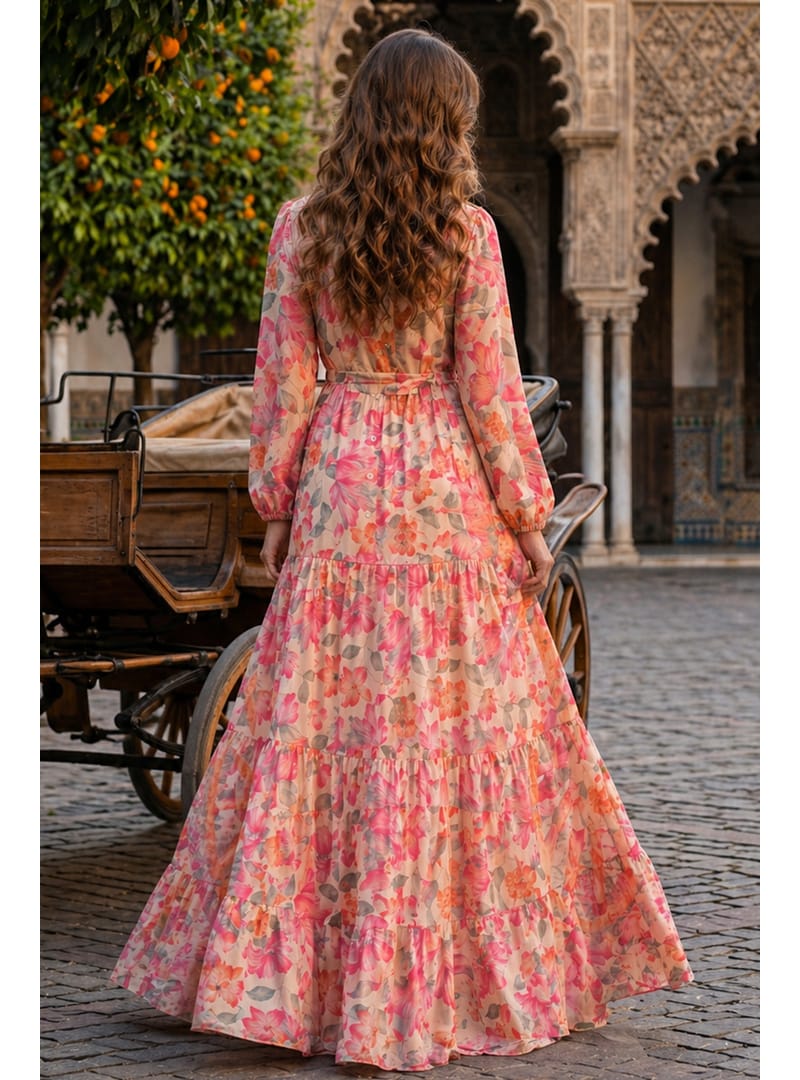 Desenli Tesettür  Jessica Elbise B604 Pembe - Resim 4