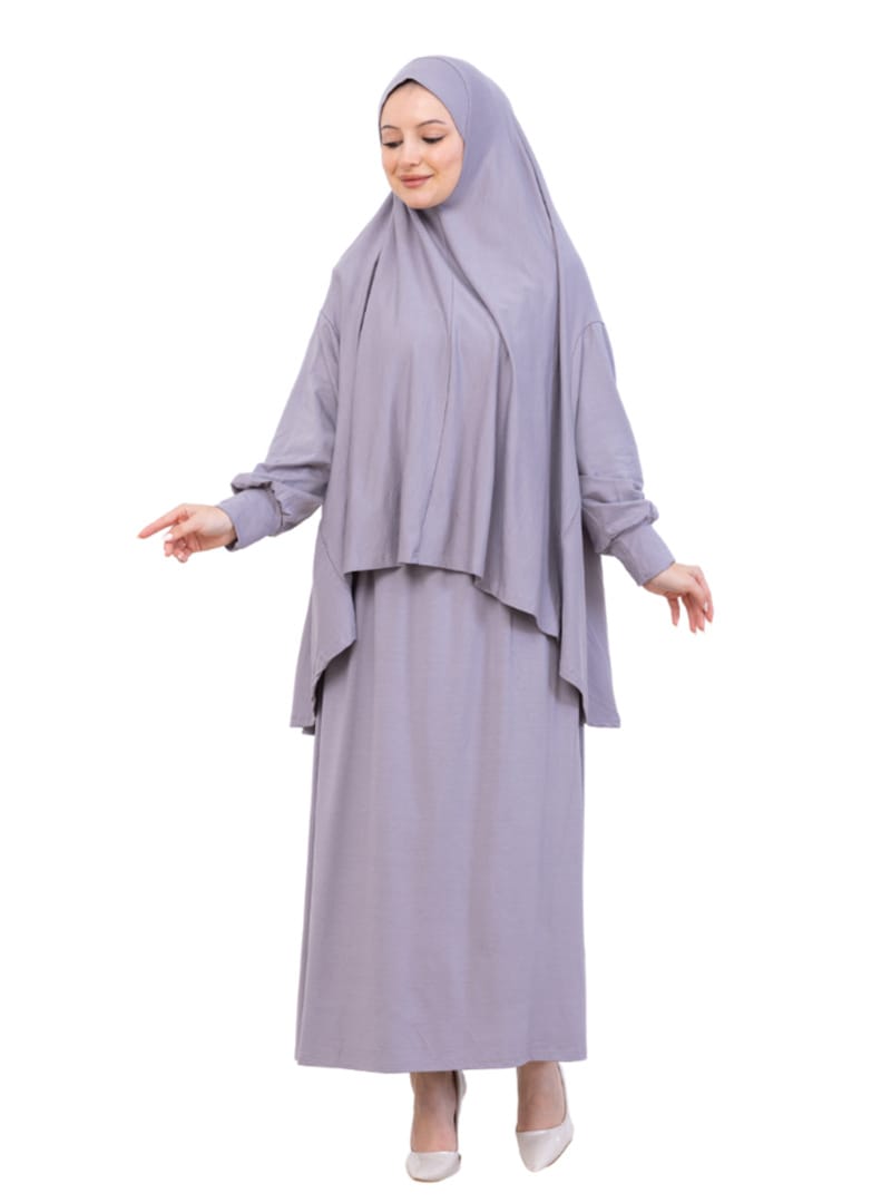 Penye İki Parça Namaz Elbisesi Seti Gri - Resim 2
