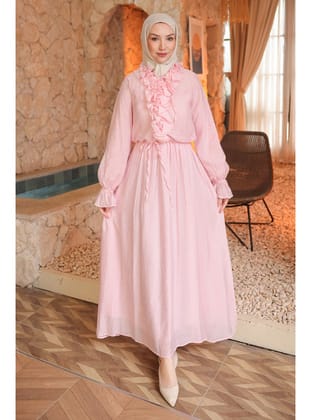 Pembe Bel Lastikli Fırfırlı Elbise