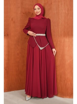 Bordo Taş Detaylı Kemerli Abiye