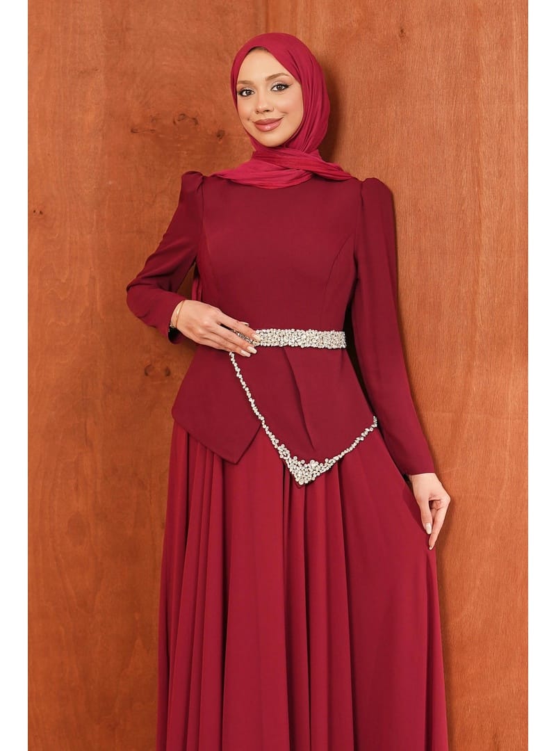 Bordo Taş Detaylı Kemerli Abiye - Resim 2