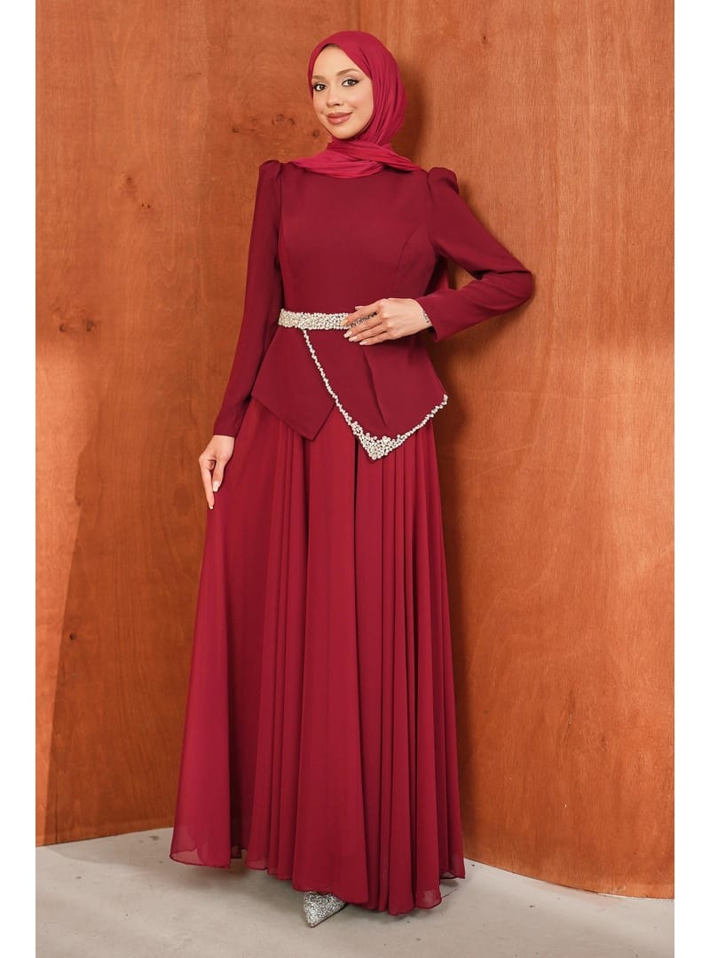 Bordo Taş Detaylı Kemerli Abiye - Resim 3