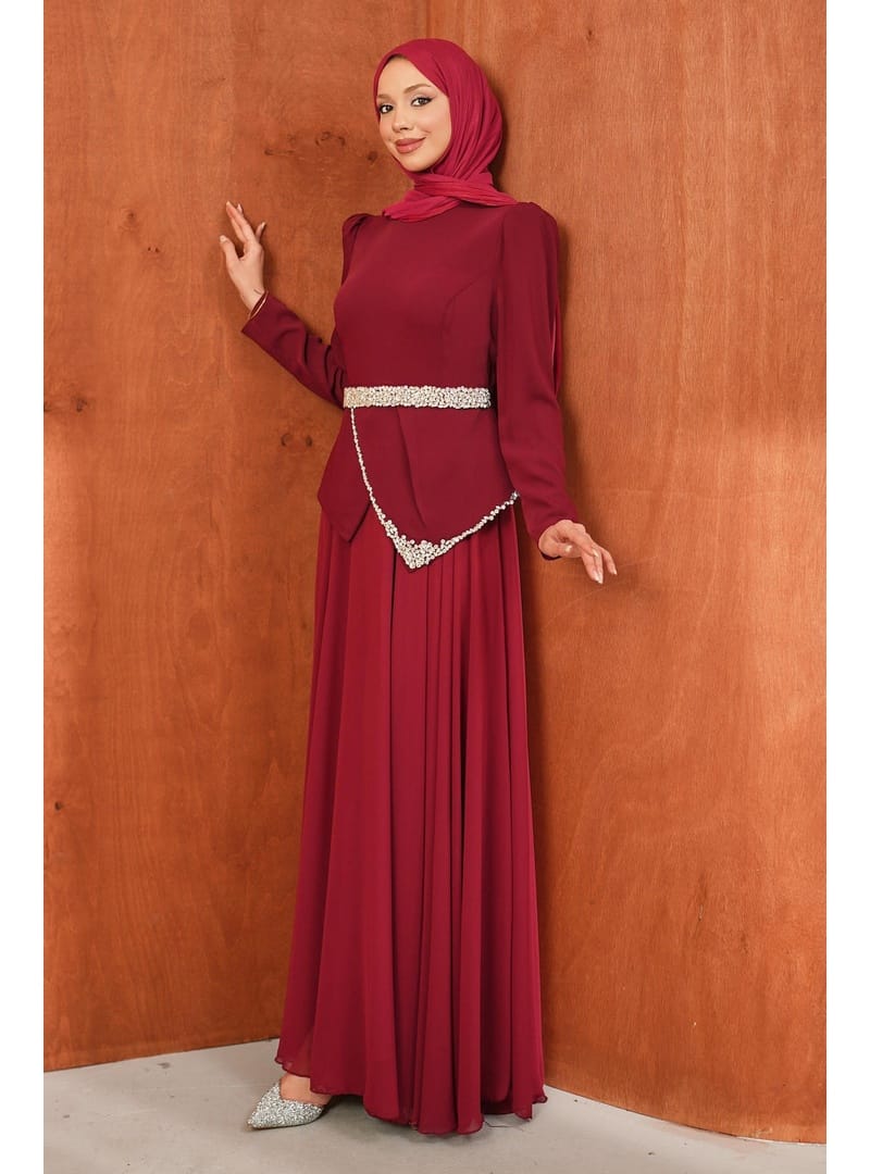 Bordo Taş Detaylı Kemerli Abiye - Resim 4