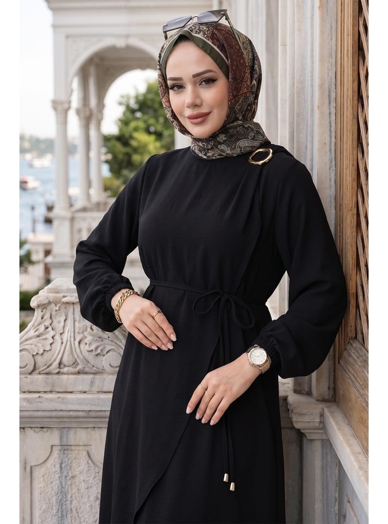 Toka Detaylı Bağlamalı Ayrobin Elbise Siyah HM2907 - Resim 2