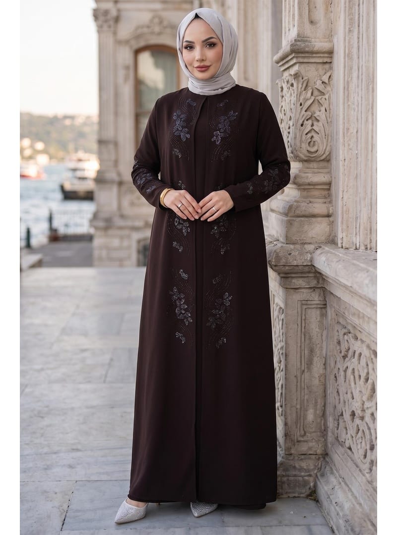 Çiçek Taş İşlemeli Şık Tesettür Anne Elbisesi Acı Kahve HM2905 - Resim 2