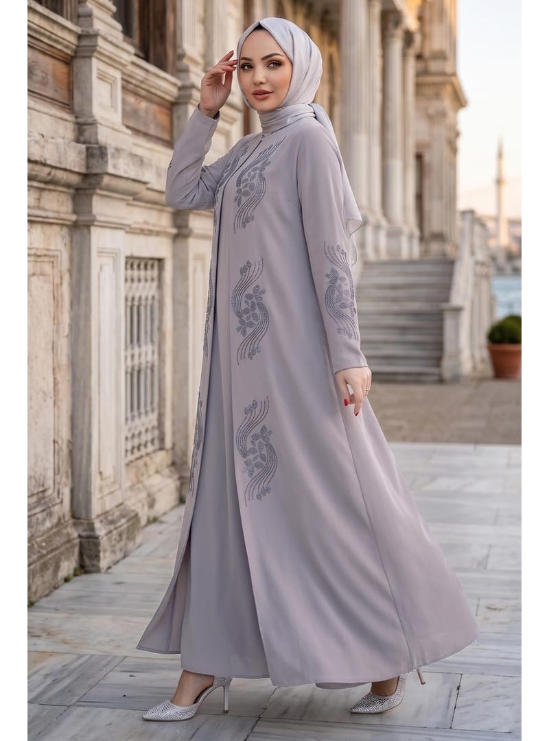 Çiçek Taş İşlemeli Şık Tesettür Anne Elbisesi Bej HM2905 - Resim 4