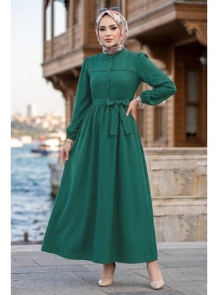 Beli Kuşaklı Terikoton Elbise Yeşil HM2908