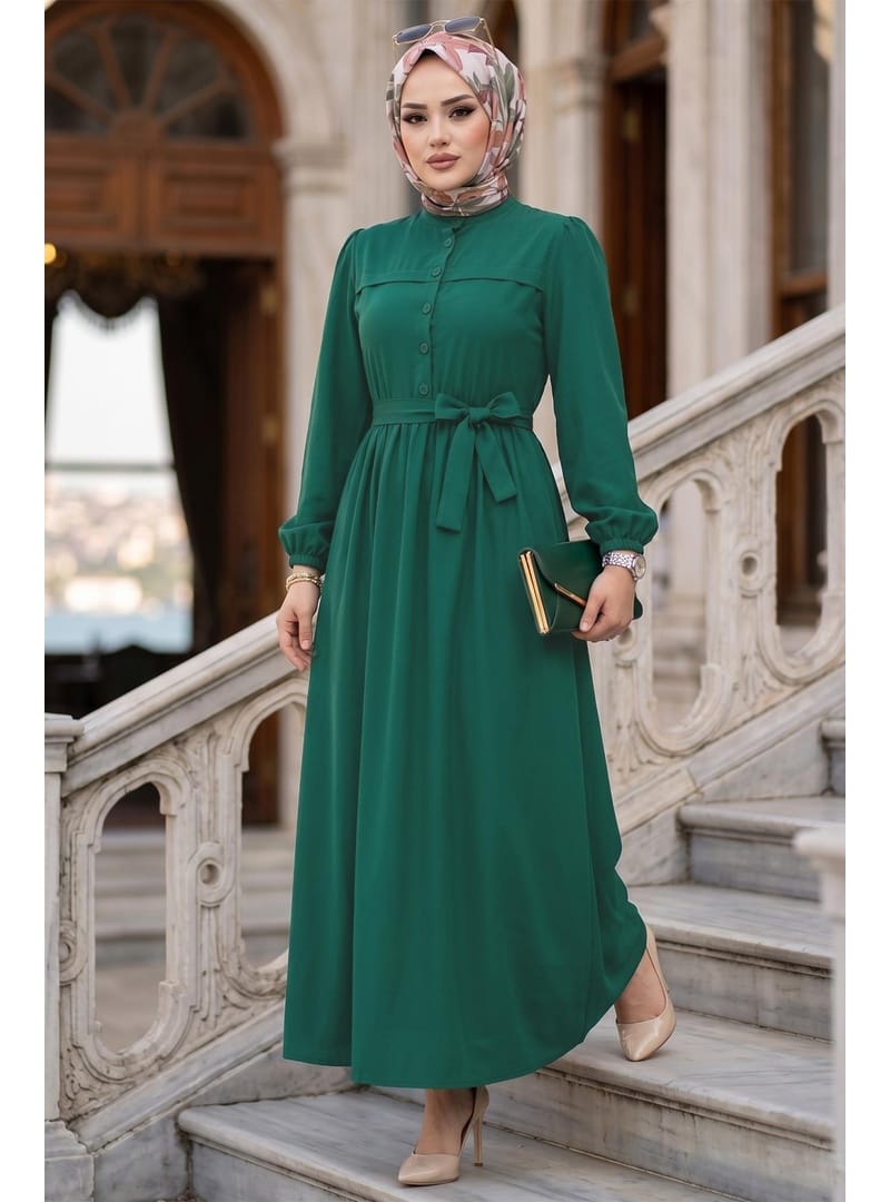 Beli Kuşaklı Terikoton Elbise Yeşil HM2908 - Resim 2