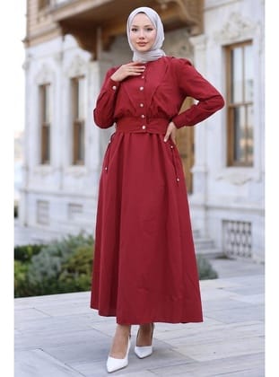 Ceketli Cepli Beli Bağlamalı Jile Elbise Bordo HM262785