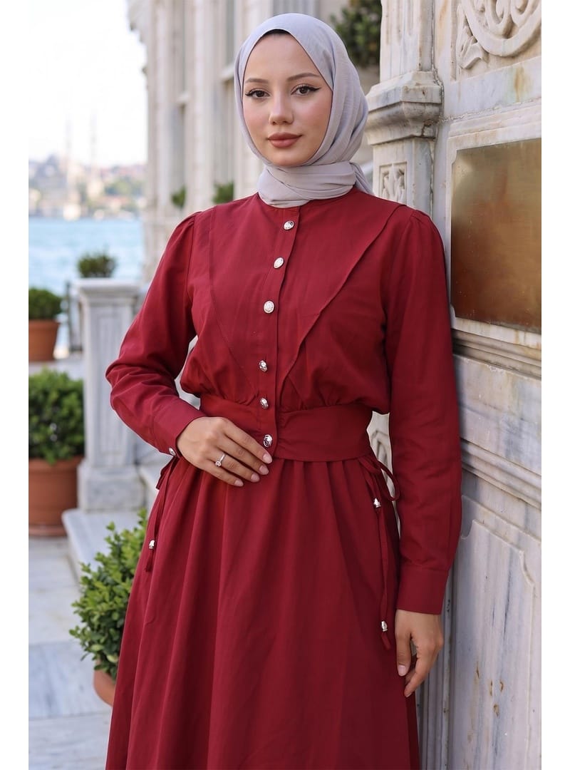 Ceketli Cepli Beli Bağlamalı Jile Elbise Bordo HM262785 - Resim 2