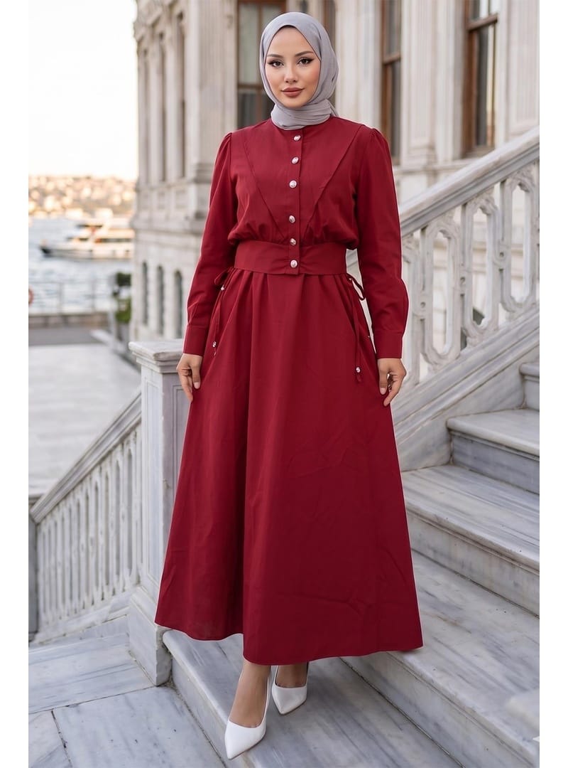 Ceketli Cepli Beli Bağlamalı Jile Elbise Bordo HM262785 - Resim 3