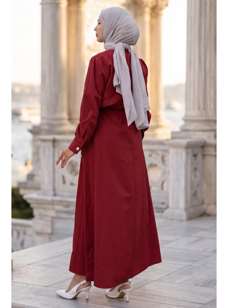 Ceketli Cepli Beli Bağlamalı Jile Elbise Bordo HM262785 - Resim 4