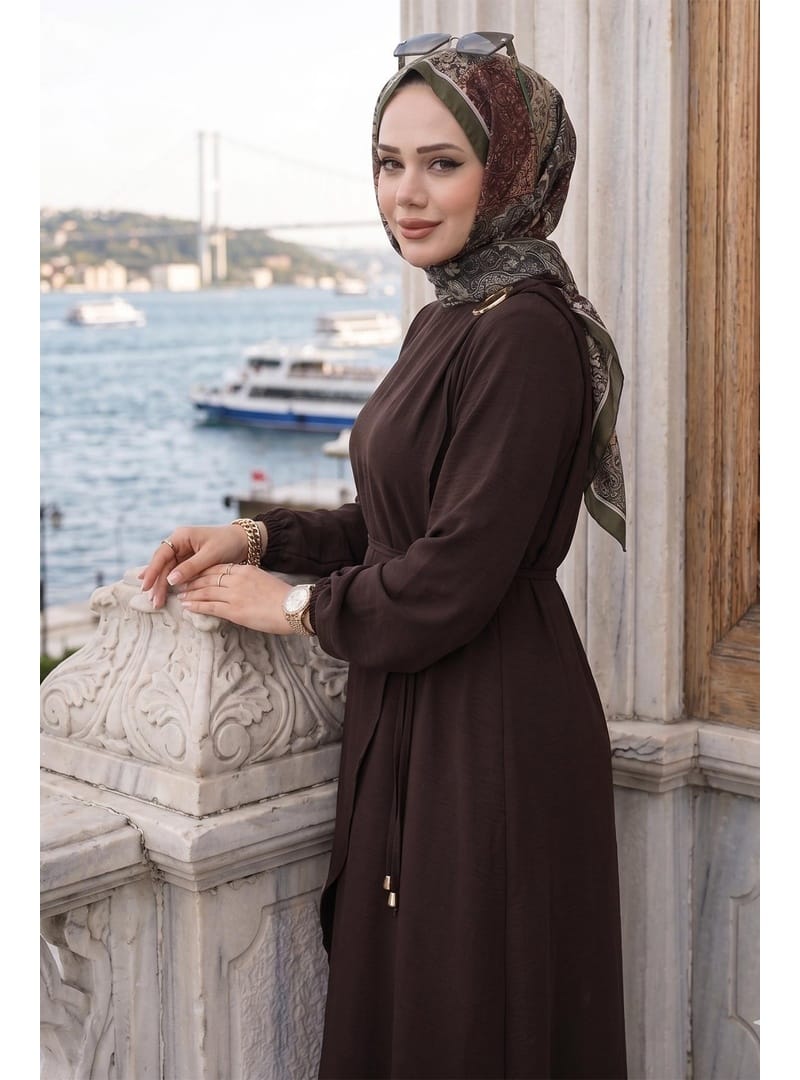 Toka Detaylı Bağlamalı Ayrobin Elbise Acı Kahve HM2907 - Resim 2