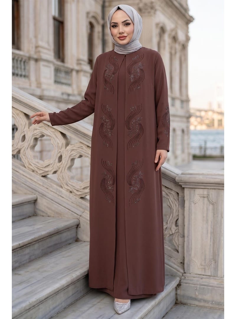 Çiçek Taş İşlemeli Şık Tesettür Anne Elbisesi Kahverengi HM2905 - Resim 2