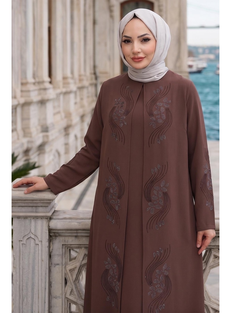 Çiçek Taş İşlemeli Şık Tesettür Anne Elbisesi Kahverengi HM2905 - Resim 4