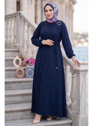 Toka Detaylı Bağlamalı Ayrobin Elbise Lacivert HM2907