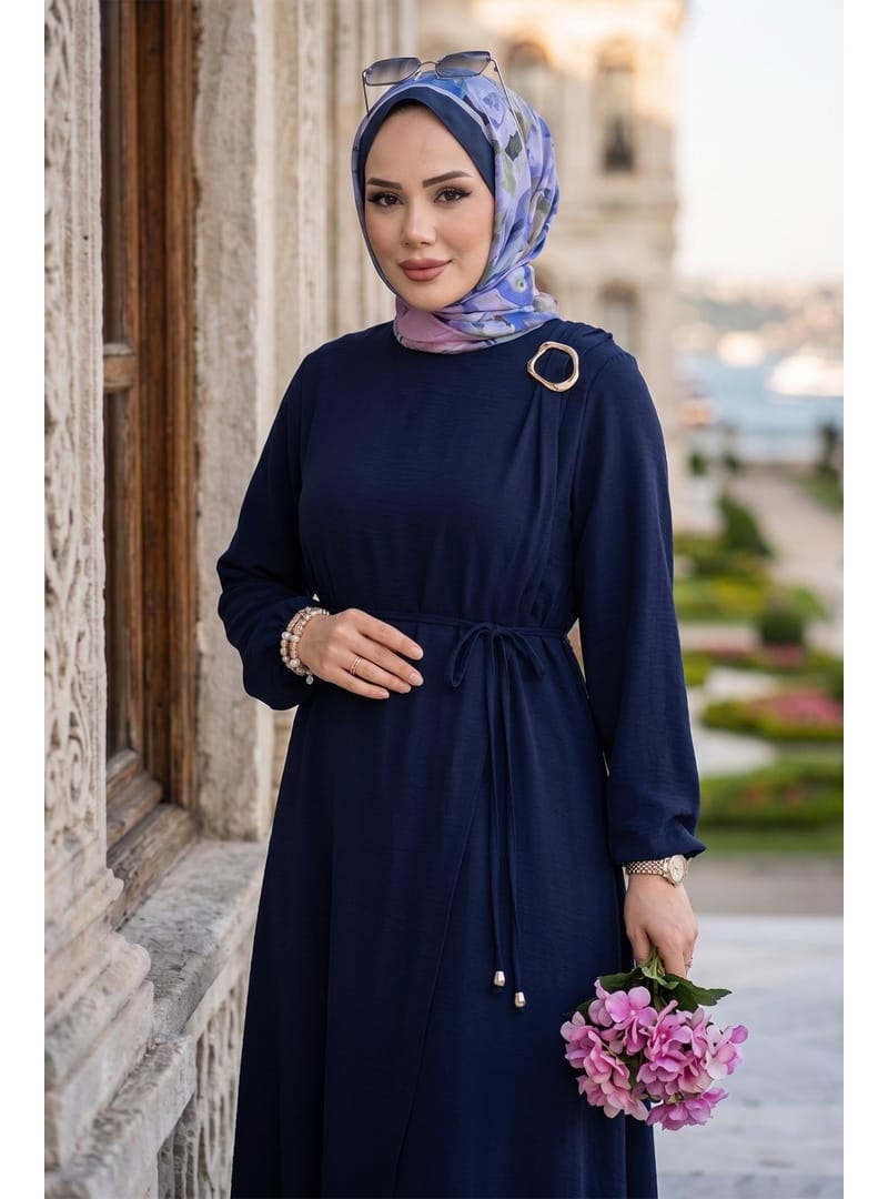 Toka Detaylı Bağlamalı Ayrobin Elbise Lacivert HM2907 - Resim 2