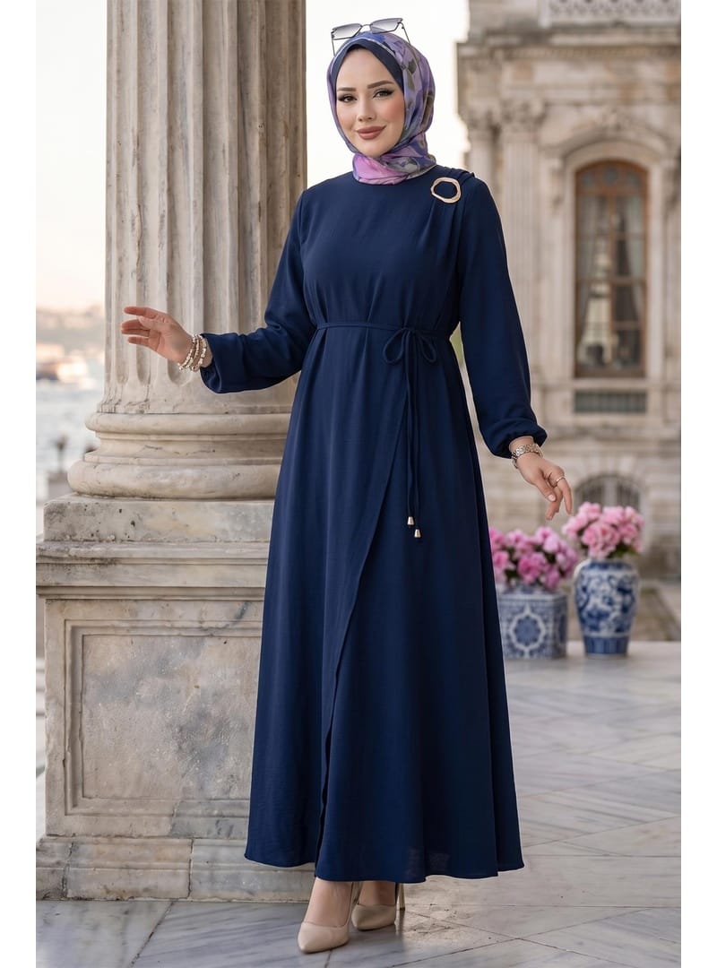 Toka Detaylı Bağlamalı Ayrobin Elbise Lacivert HM2907 - Resim 3