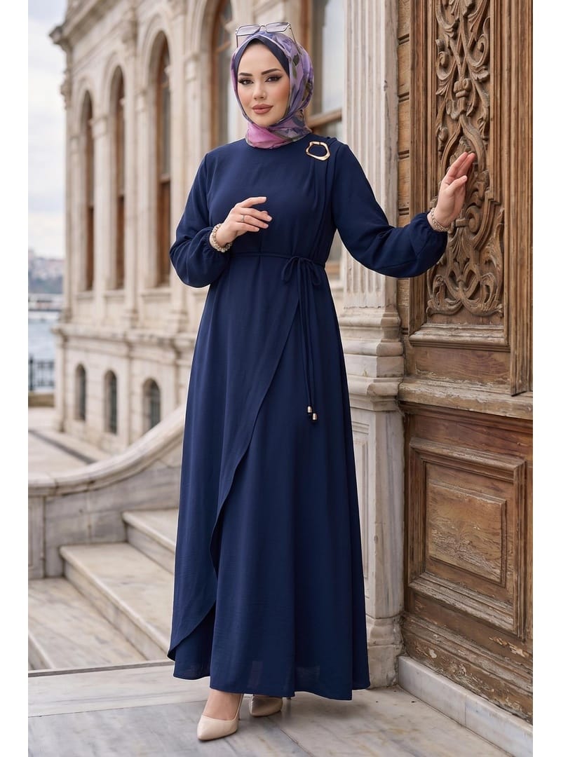 Toka Detaylı Bağlamalı Ayrobin Elbise Lacivert HM2907 - Resim 4